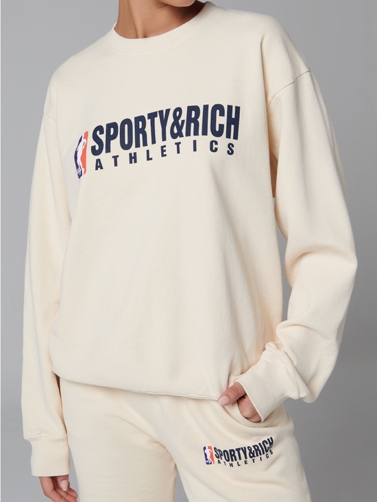 Sporty & Rich Sweaters - Sporty & Rich Cream Crewneck with Navy Logo